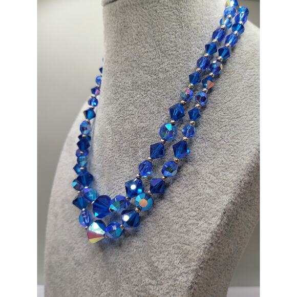 Vintage Blue Crystal AB Bead Double Strand Necklace 1950s Adjustable - Picture 3 of 6
